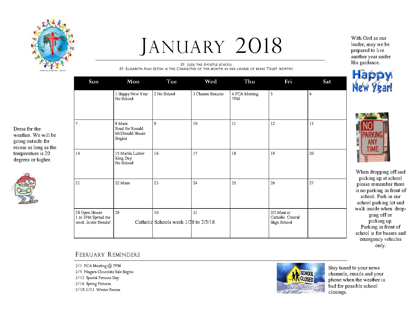 st jude school January calendar 2018